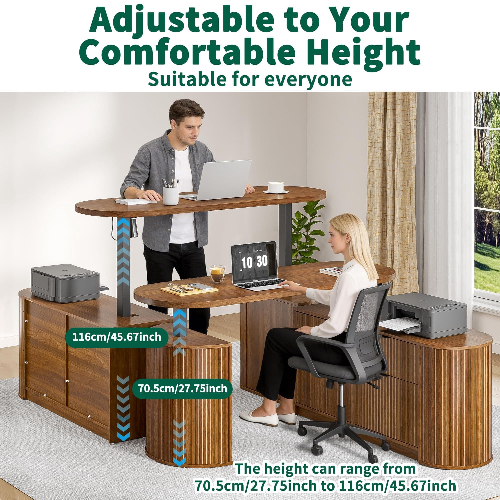 Electric L Shaped Standing Desk, 59" Mid Century Adjustable Height Desk with Drawer & 2 Cabinets