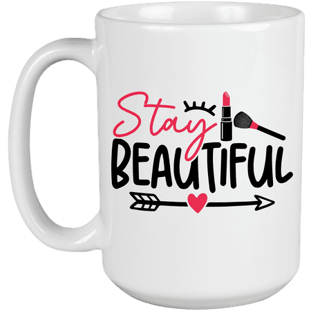 

Girly Stay Beautiful Quote w/ Eyelash Lipstick Powder Brush Heart & Arrow Design - Beauty Themed Merch for Makeup Artist or Cosmetologist Gift for Makeup Lovers & Beauticians White Mug 15oz