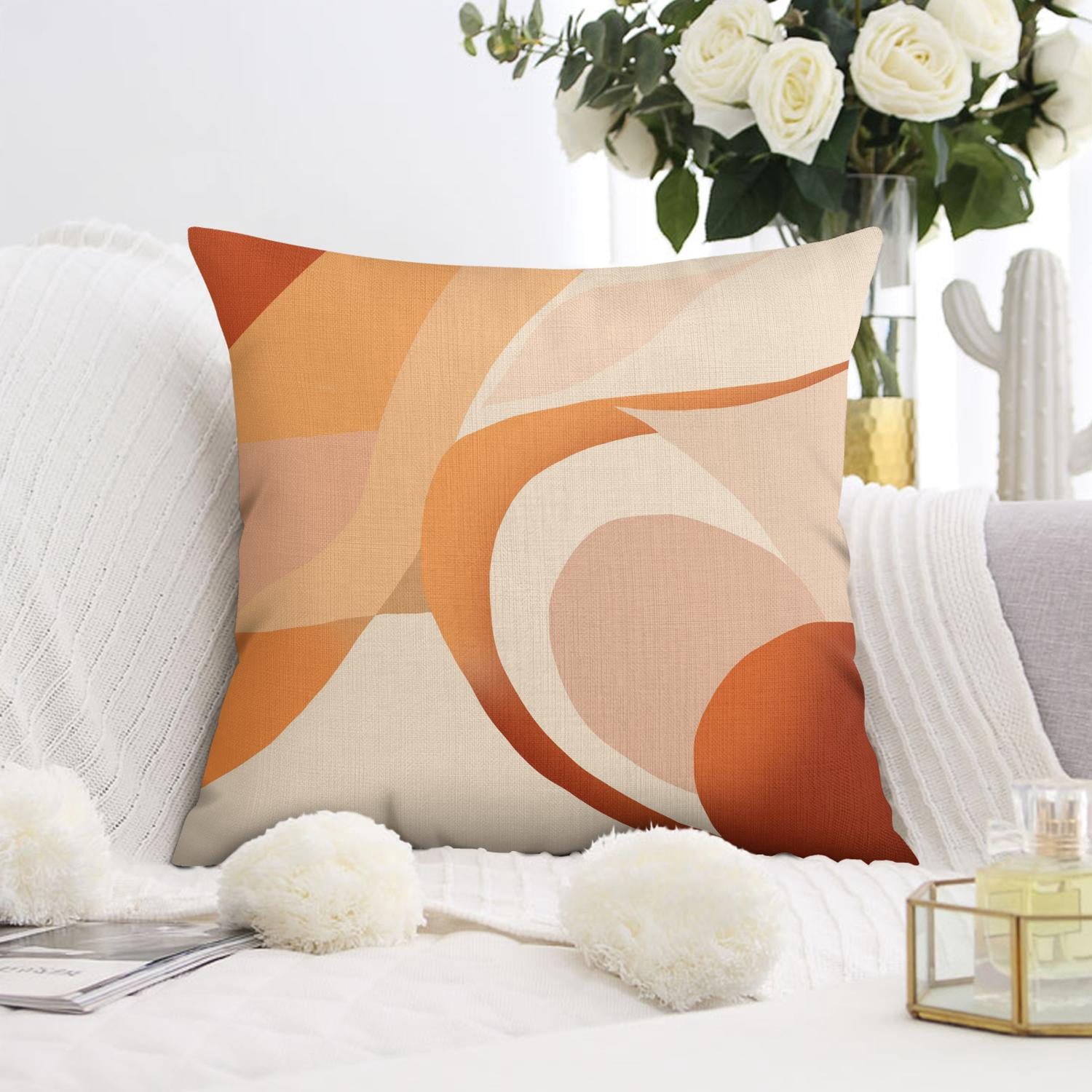 Abstract Boho Orange Mordern Decor Throw Pillow Covers 18"x18", Set Of 4, Linen Study Sofa Cushion Cover Indoor Living Room Home Decor