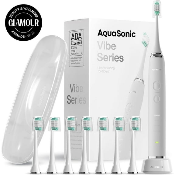 AquaSonic Vibe Electric Toothbrush Set - ADA Accepted, Rechargeable, 4 Modes, Travel Case, 8 Brush Heads - Optic White
