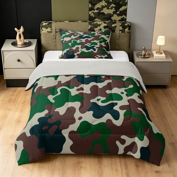 Manfei Farmhouse Camouflage Twin Comforter Sets, Contemporary Art Camo Bedding Set, Forest Green, Gray Reversible, 2-Piece, 1 Comforter and 1 Pillowcase