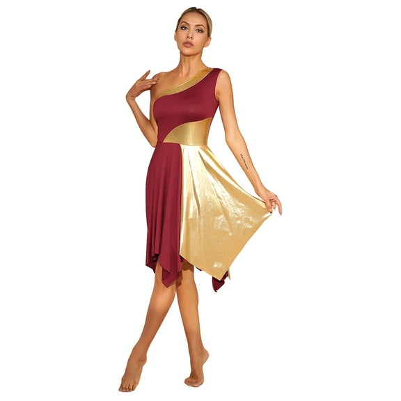 TiaoBug Women's One Shoulder Liturgical Praise Dance Dress Lyrical Worship Dancewear Color Block Performance Costume Burgundy S