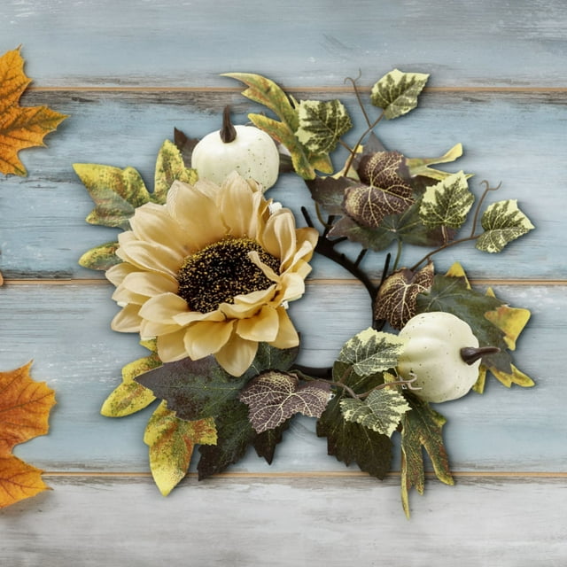 Hovilon Fall Candle Rings Wreaths,Thanksgiving Artificial Maple Leaf Candle Ring,9.8 Inch Autumn Sunflower Candle Wreaths for Pillar Mini Rattan Candle Garland Holder Table Decor Centerpiece