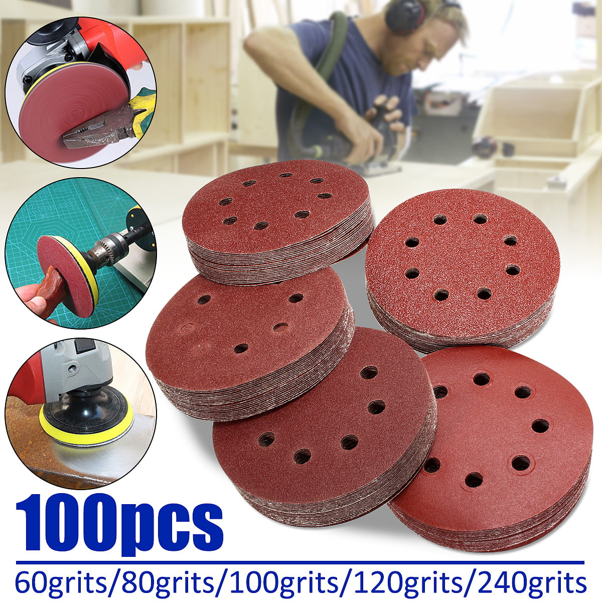 100Pcs Sanding Discs Polishing Pads Kit Round Orbital Sandpaper Hook Loop Sander