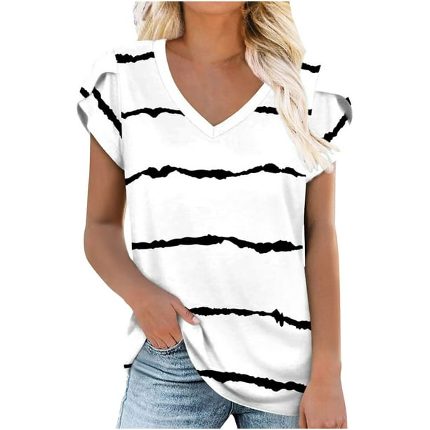 Camiseta de manga corta con cuello en V y estampado para mujer, camisetas holgadas informales de verano Pompotops hkajfhjk465776