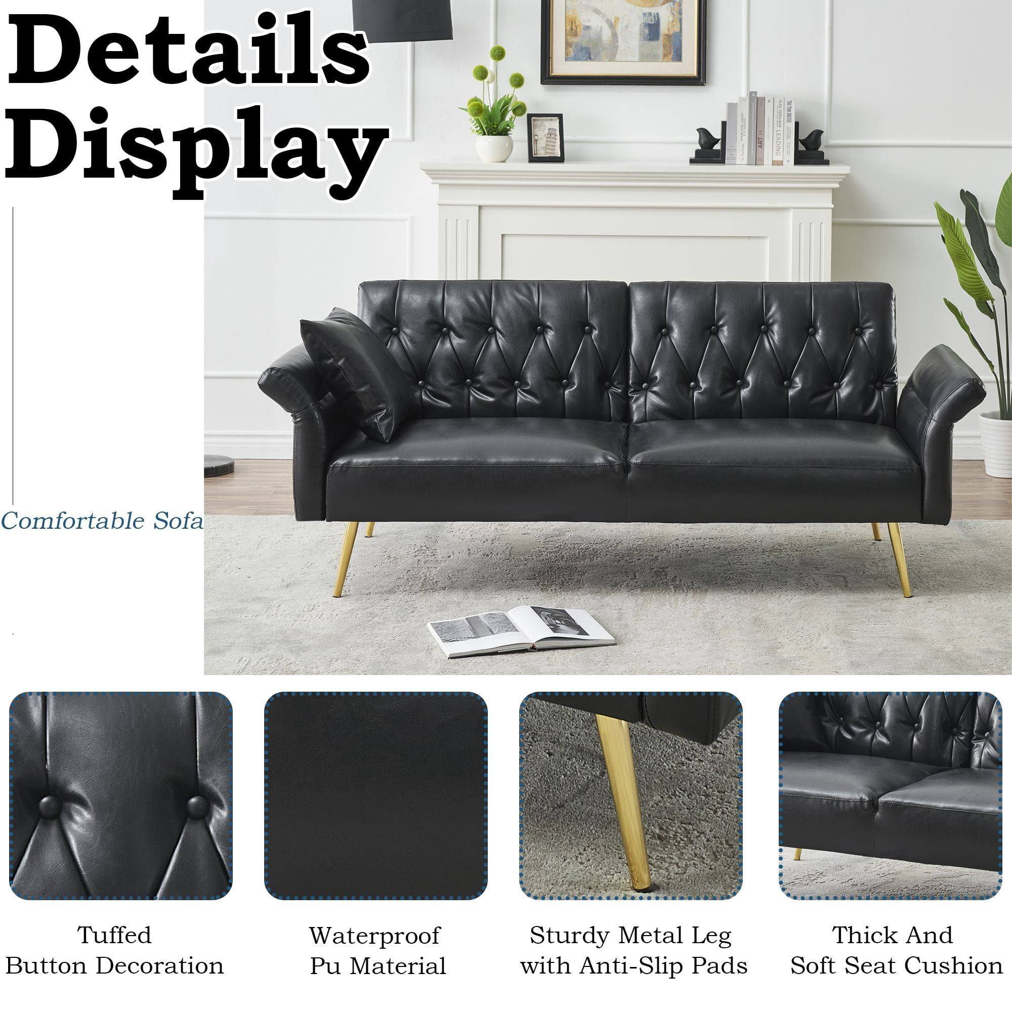 DEALTOPS Convertible Futon Sofa Bed, Faux Leather Loveseat Couch with Adjustable Armrests and backrests, Black