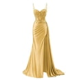 thumbnail image 1 of Vestido de fiesta RUMUGUYA clásico con apliques largos de encaje dorado satinado, 1 of 6