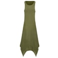 thumbnail image 2 of Women's Bohemian Beach Dress Round Neck Solid Color Tunic Dress with Asymmetrical Hem Green 2XL, 2 of 5