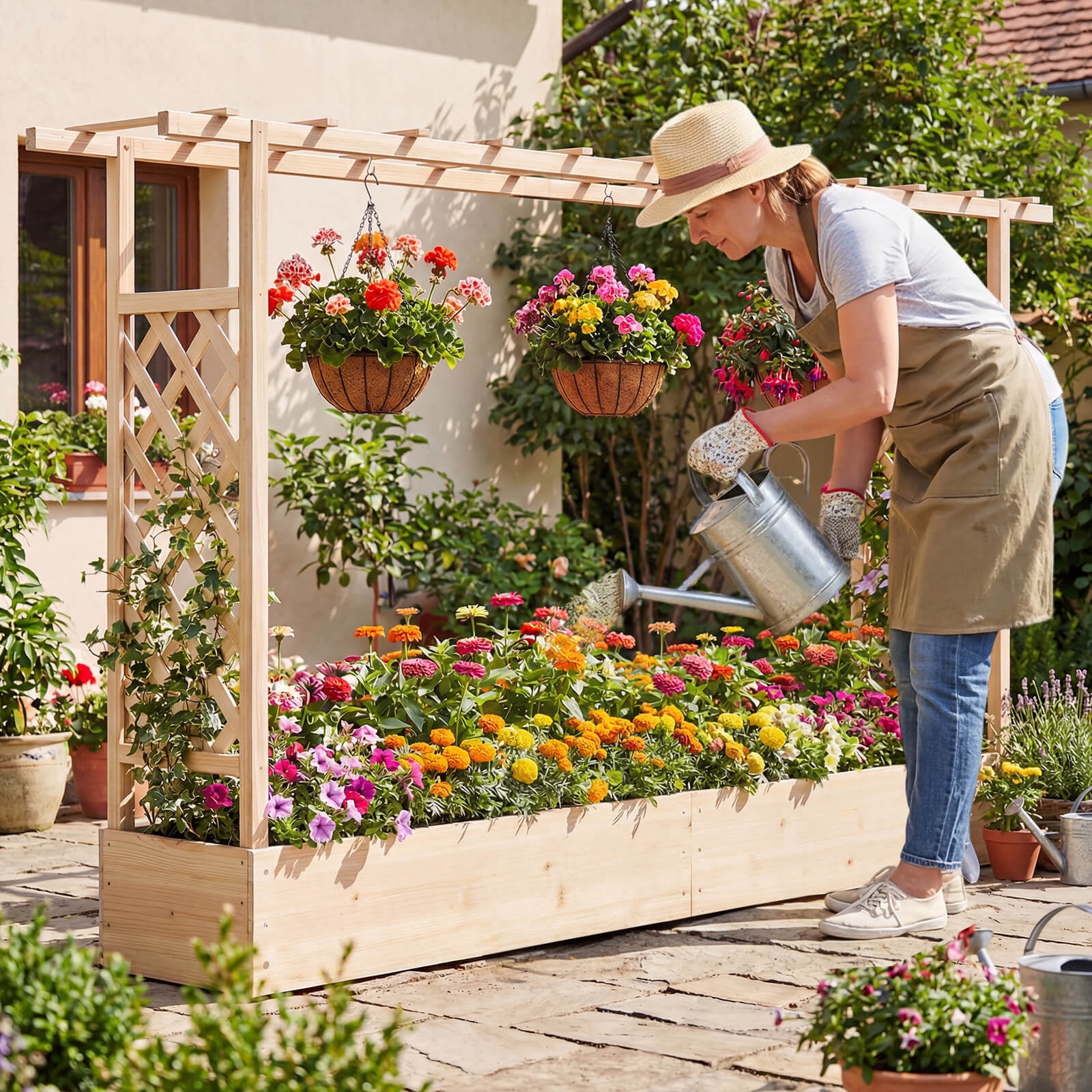 Costway 1 PCS Wooden Raised Garden Bed with Trellis & Hanging Roof, Drainage Holes for Flowers Natural