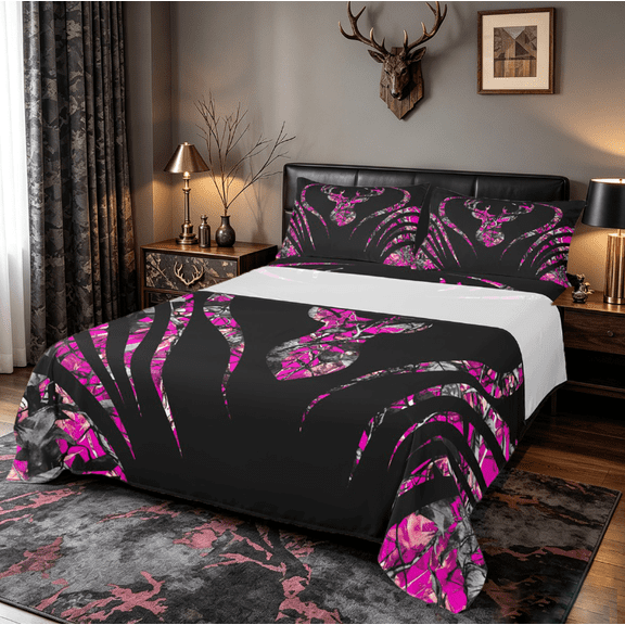 Manfei Wild Deer Silhouette Twin Sheet Sets,Jungle Animal Twin Fitted Sheet,Pink Black Flat Sheet For Boys Girls,Breathable Home Decor,3-Piece