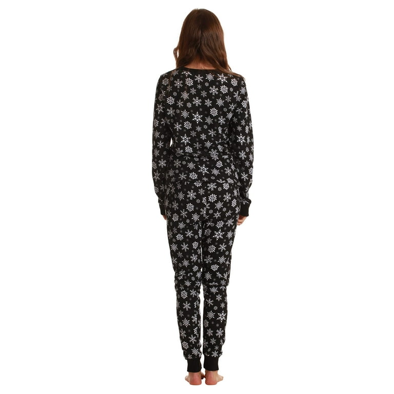 Just Love Women's Thermal Underwear Pajamas Set (Snowflake - Black, Large)  