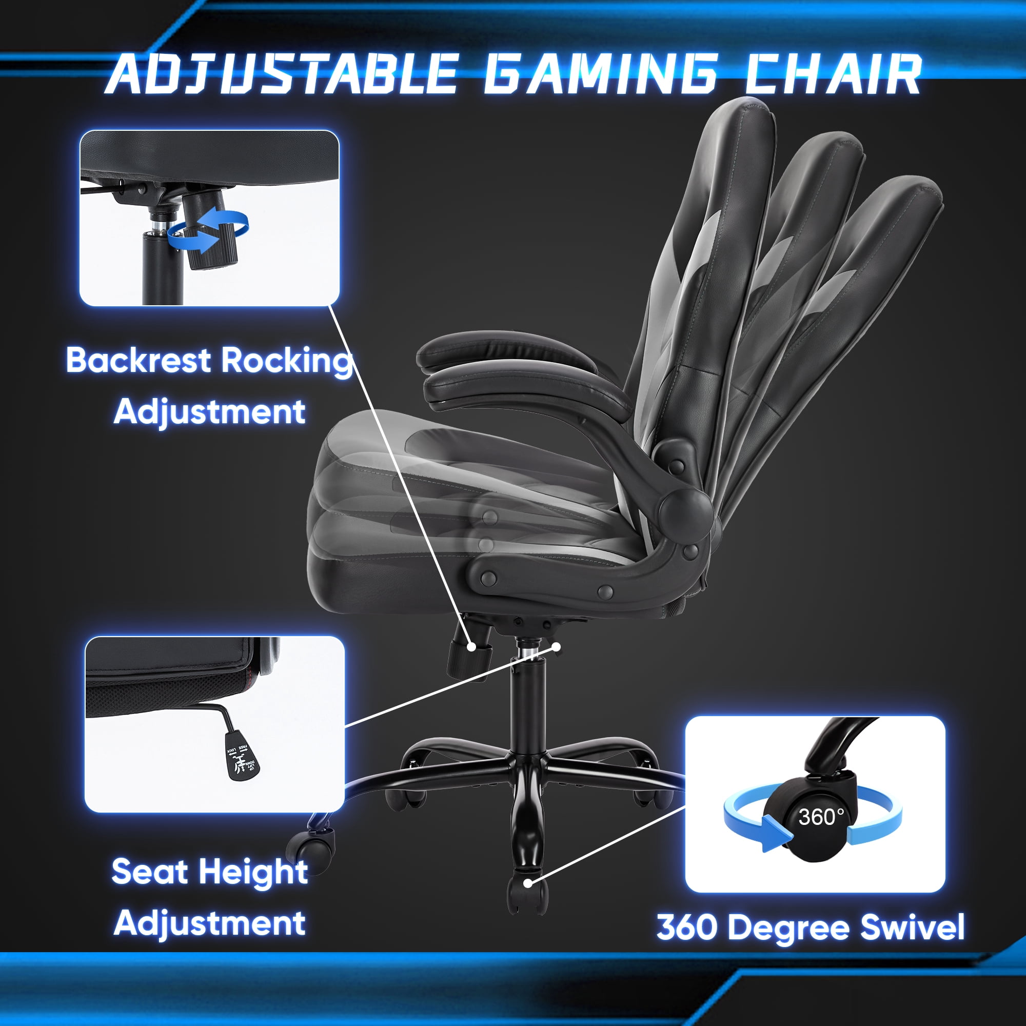 MCQ Computer Gaming Chair, Ergonomic Racing Chair with Flip-up Armrest, PU Leather, Black Grey