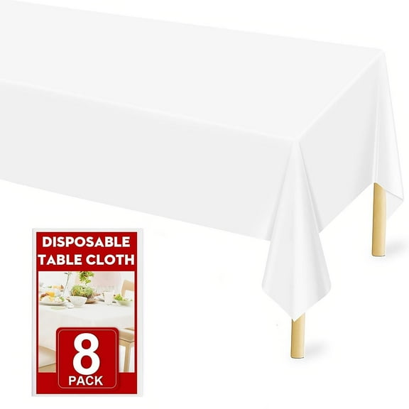 TICKJOY 8 Pcs White Disposable Plastic Tablecloths for Rectangle Tables – Party, Birthday, Wedding & Holiday Table Covers, 108" x 54 "