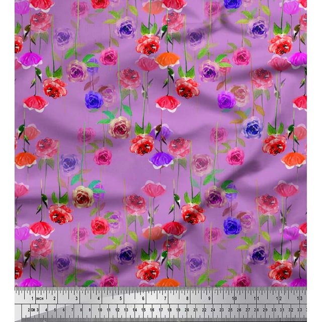 Soimoi Tissu Crêpe polyester Imprimé Feuilles & Roses au Mètre 52 Pouces de Large