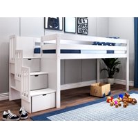 JACKPOT! Contemporary Low Loft Twin Bed with Stairway Loft Bed White