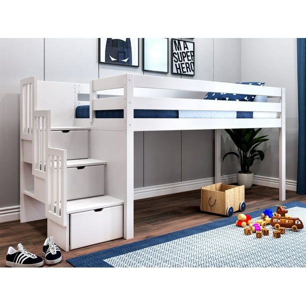 Jackpot Contemporary Low Loft Twin Bed, Full Low Loft Bed With Stairs Storage Desk