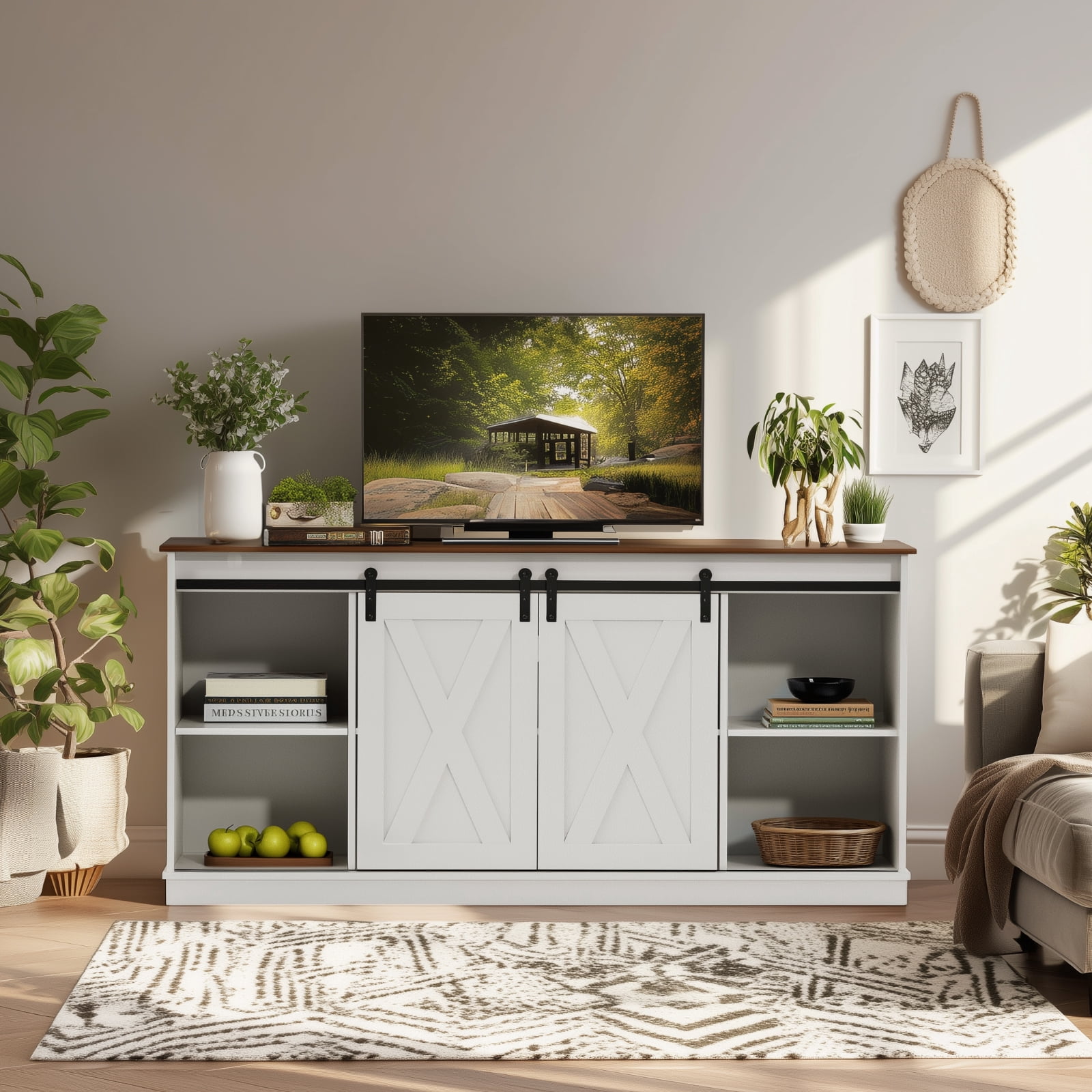 GIANNA TV Stand for Televisions up to 65 Inch, Entertainment Center with Sliding Barn Doors, Storage Cabinets and Media Shelves, Living Room Console Table, White