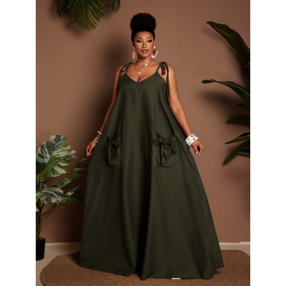 Plus Size Women's Green A-Line Dress, Casual Sleeveless Beach Vacation Dress, Summer