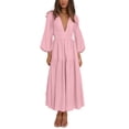 thumbnail image 1 of xiaxaixu Robe Longue Femme Couleur Unie Col en V Manches Longues Grande Balançoire Boho Mode Printemps Automne Décontractée Ample Vacances, 1 of 1