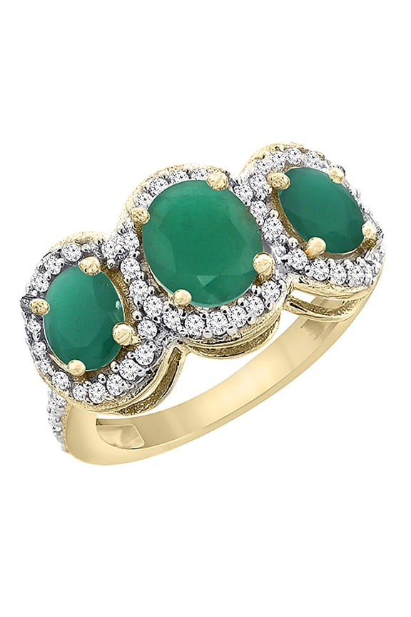14K Yellow Gold Natural Cabochon Emerald & Emerald 3-Stone Ring Oval Diamond Accent, size 10