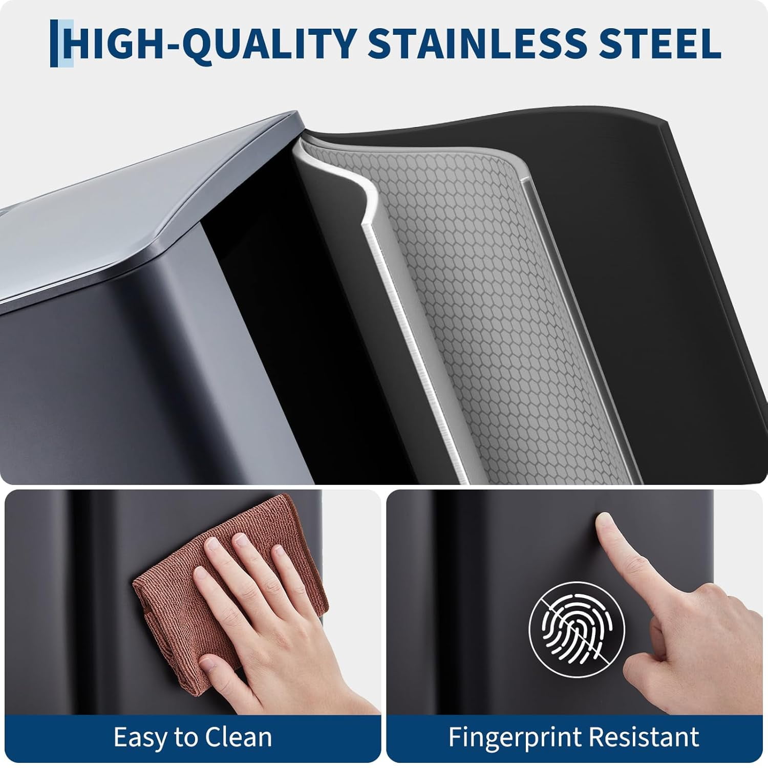 16 Gal Kitchen Triple Compartment Trash Can，Stainless Steel Garbage Can with Soft-Close Lid and Foot Pedal,for Recycling and Waste for Bathroom Home Office,Black