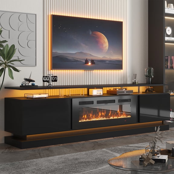 Sonegra Modern Fireplace TV Stand for TVs Up to 80" with Music Sync LED, 70" Entertainment Center with Electric Fireplace, TV Console with Storage Cabinets for Living Room, Black