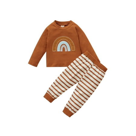 

Calsunbaby 2Pcs Infant Girls Boys Casual Outfits Baby Rainbow Long Sleeve Tops T shirt Striped Pants Set Khaki 9-12 Months