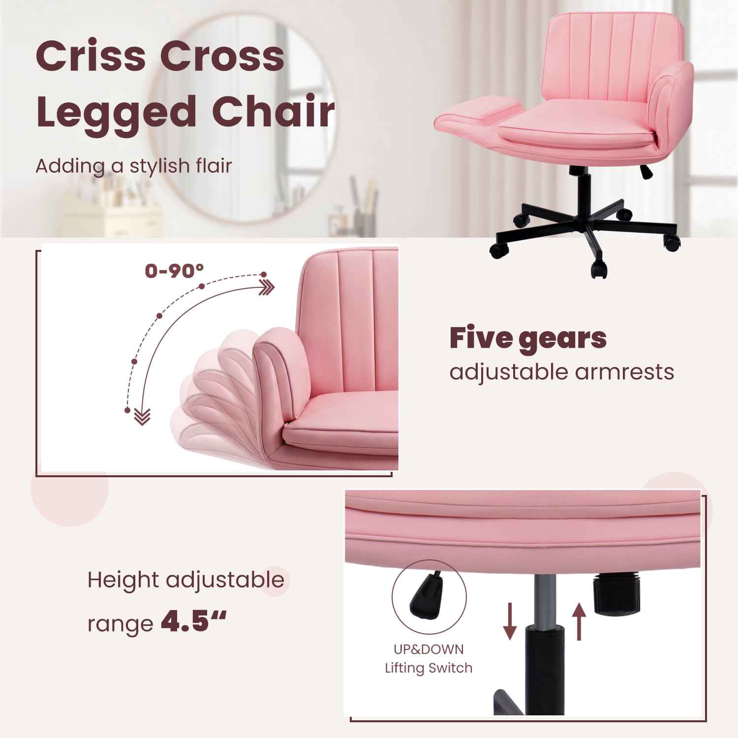 Waleaf Criss Cross Chair with Wheels & Armrests, Criss Cross Office Swivel Chair, PU Leather Vanity Chair with Back, Beige Comfortable Adjustable Vanity Desk Chairs for Home Office and Bedroom