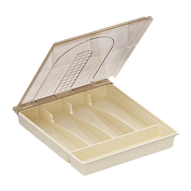 Organizador con tapa, caja de almacenamiento de cubiertos y vajilla de plástico, bandeja para utensilios con compartimentos cubiertos para cajón de cocina D