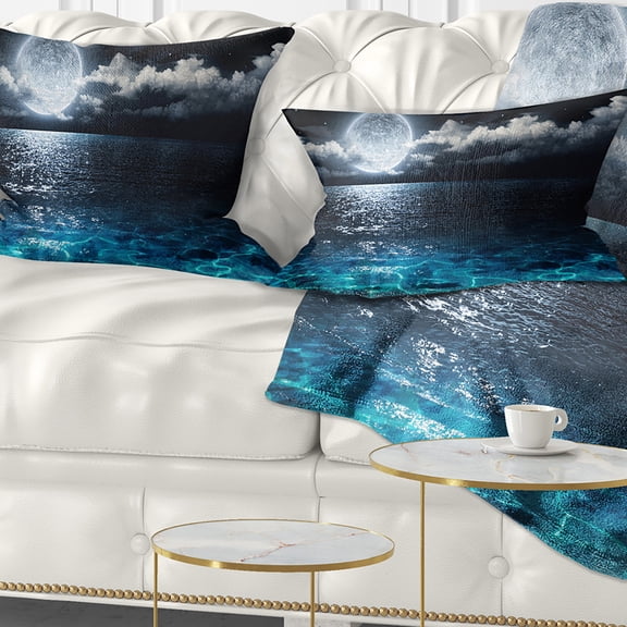 Designart Romantic Full Moon Over Sea - Seascape Throw Pillow - 12x20