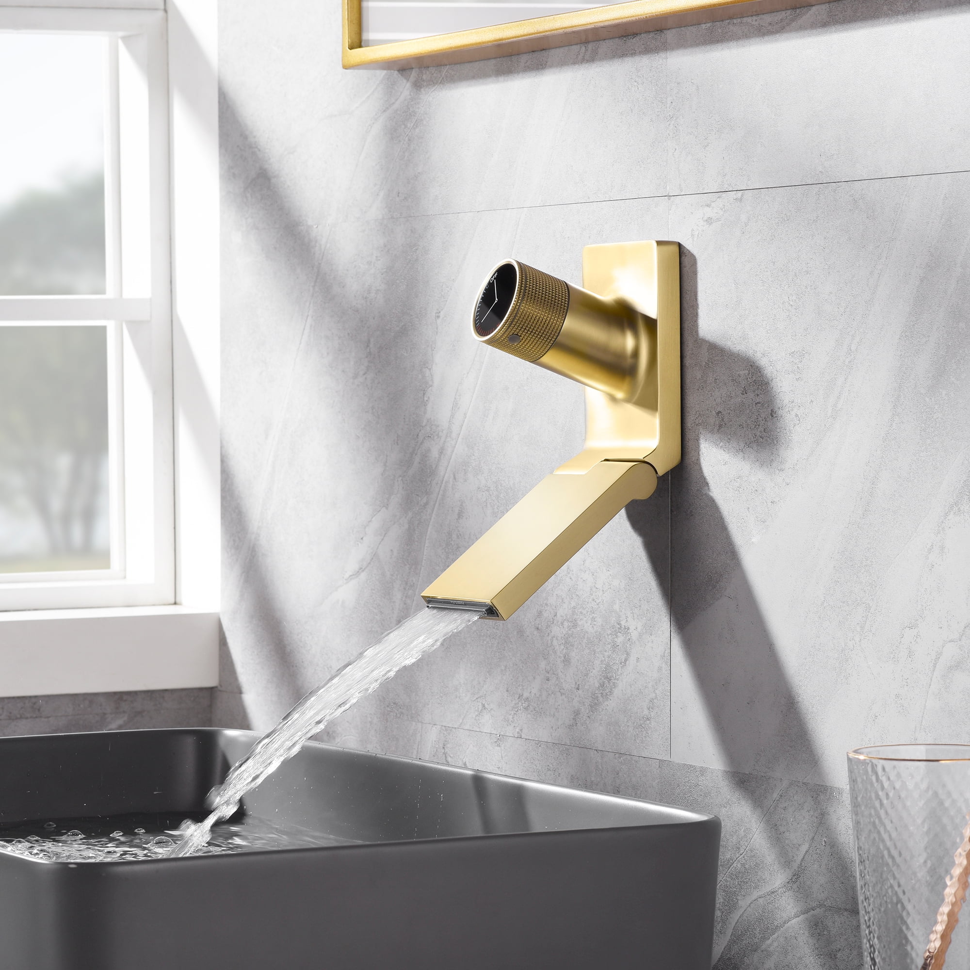 SUMERAIN Wall Mounted Bathroom Vessel Sink Faucet,Single Handle One Hole Vanity Faucet with Foldable Spout, Rough in Valve, Brushed Gold