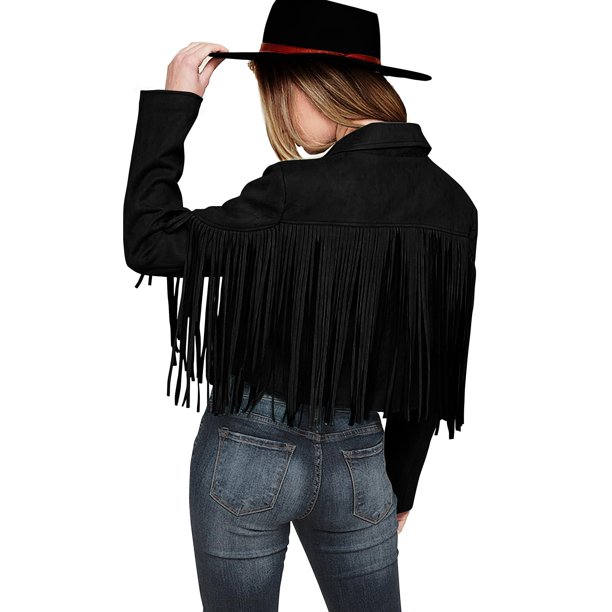 Abrigo PRETTYGARDEN 2025 para Mujer, Flecos, Ante Sintético Negro, Talla L
