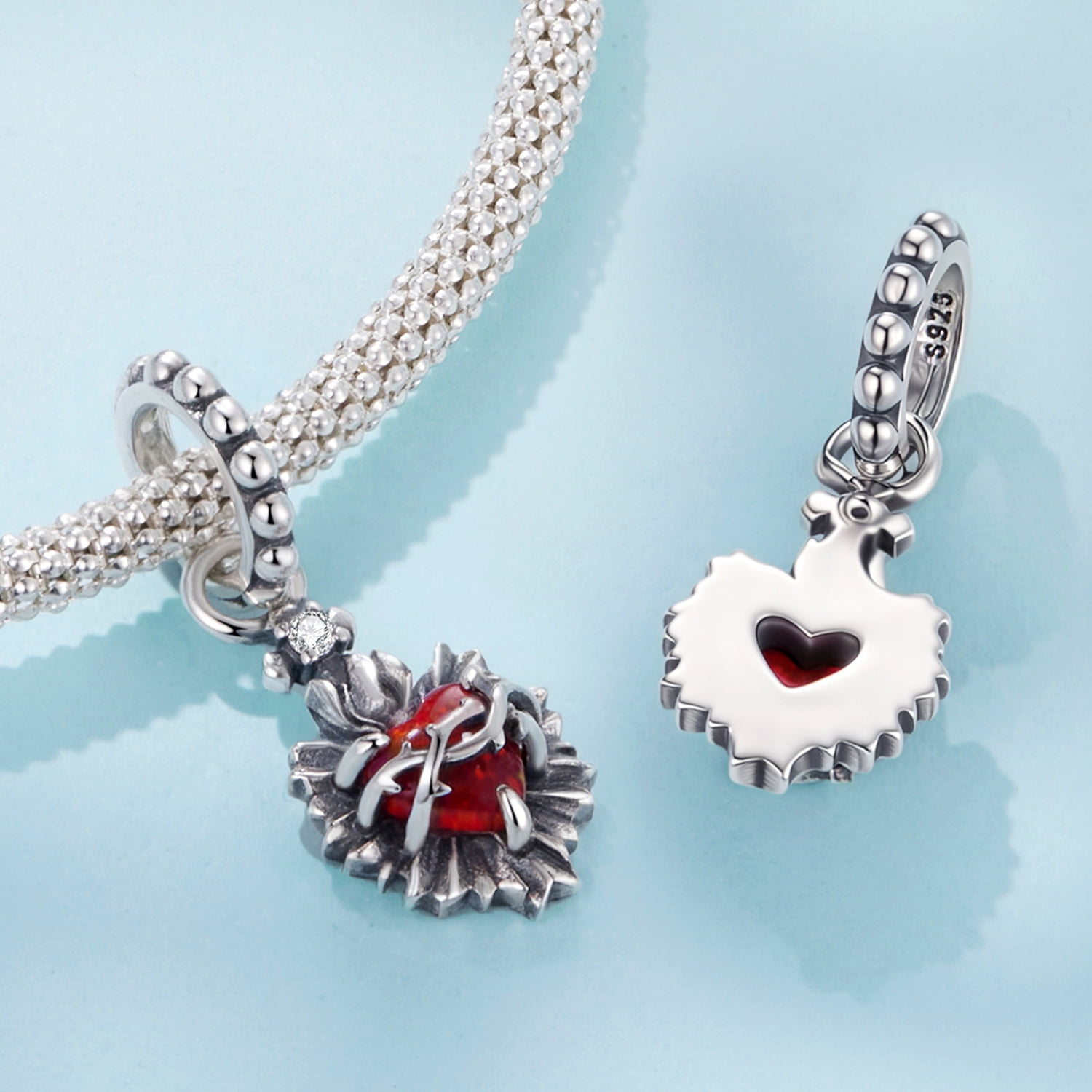 Sacred Heart Pendant Charm, 925 Sterling Silver Charm Bracelet Accessory, Compatible with 3mm-4.5mm Bracelet