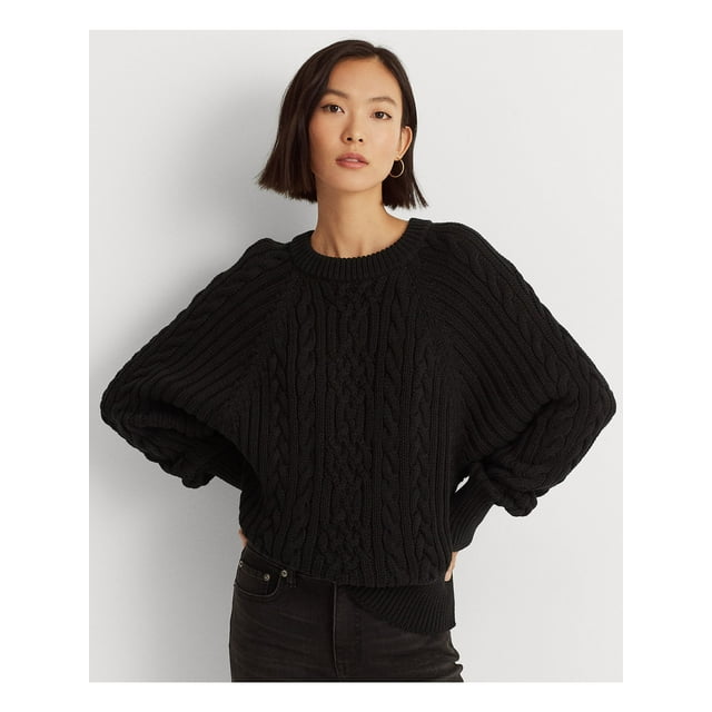 RALPH LAUREN Womens Black Ribbed Cable Knit Dolman Sleeve Crew Neck Sweater XL