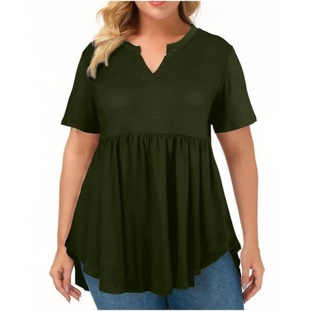 

PIMOXV Women s Tunic Tops Plus Size Summer Casual Solid Color Notch V Neck Short Sleeve T Shirts Corset tops