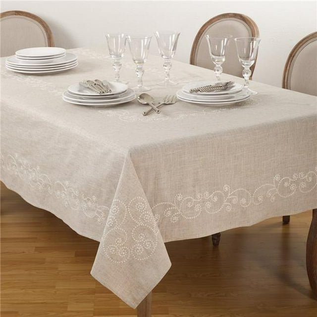 SARO 001.N67160B 67 x 160 in. Embroidered Swirl Design Simple Natural Linen Blend Tablecloth - Natural