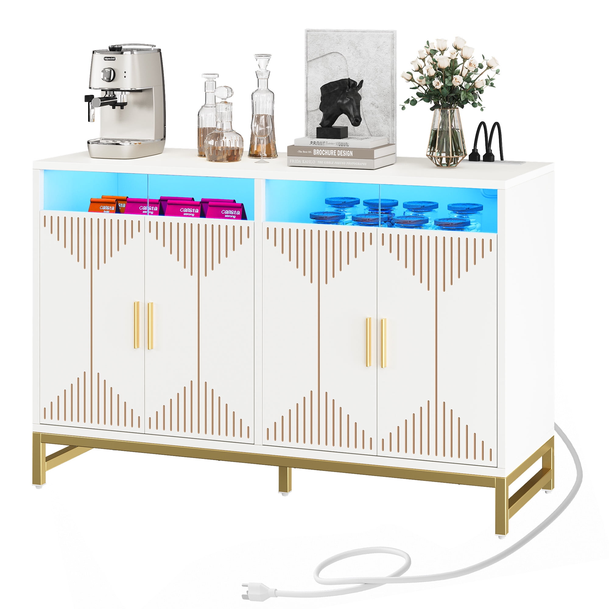 Uforic 47" Buffet Sideboard Cabinets with LED Light, Modern Coffee Bar Cabinet with Power Outlet, Kitchen Storage Cabinet with 4 Door & Open Storage, Accent Cabinet Cupboard Console Table