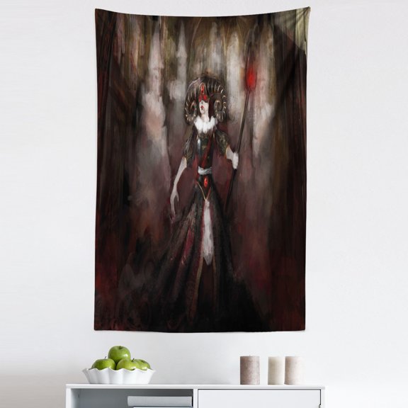 Gothic Tapestry, Medieval Evil Woman Horns Witch Myth Fantasy Old Fashion Scary Watercolor, Fabric Wall Hanging Decor for Bedroom Living Room Dorm, 5 Sizes, Black Red Grey, by Ambesonne