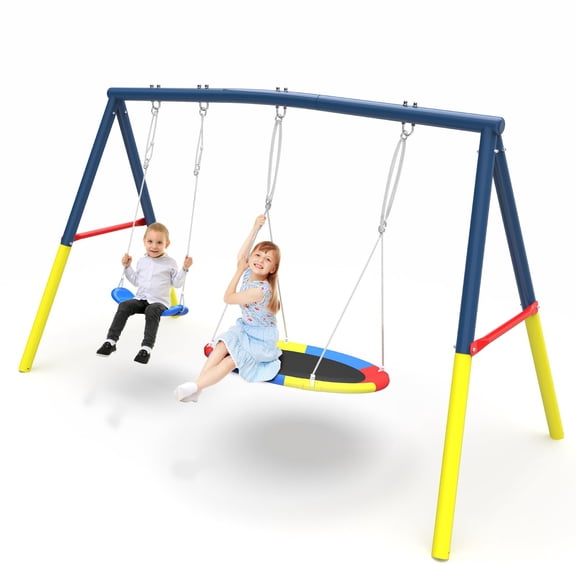Pawverly Heavy Duty Swing Set for Backyard, Metal Outdoor Swing Stand Supports Up to 440lbs, Includes 32” Saucer Swing and 26.2” Belt Seat for Backyard Playground Fun