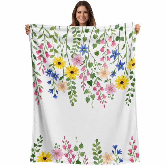 Spring Flowers Blossom Blanket Soft Cozy Warm Throw Blanket for Couch, Plush Fuzzy Flannel Fleece Blankets for Sofa, Pastoral Farmhouse Botanical Leaves Bed Blankets Lightweight Gifts, 40"x50"