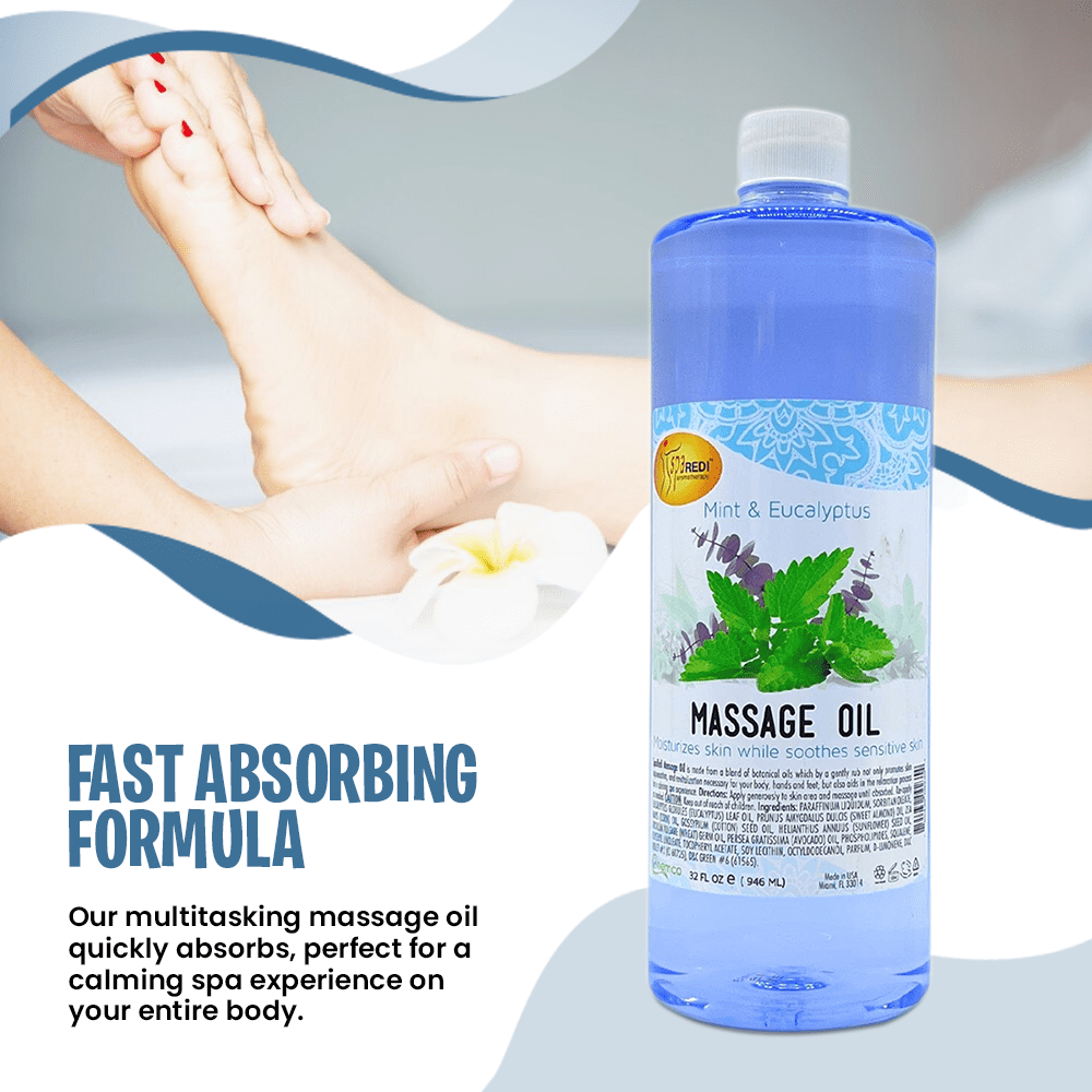 SPA REDI - Massage Oil, Mint Eucalyptus, 32 Oz - Professional Full Body Massage Therapy, Manicure, Pedicure - Relax Sore Muscles and Repair Dry Skin, Enhanced with High Absorption Oils and Vitamin E