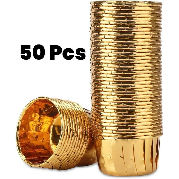 LQQBOX Gold Cupcake Cups, 50pcs Disposable Foil Muffin Liners, Gold Cupcake Baking Cups, Aluminum Cupcake Tip Pan Ramekin Holders, Little Baking Cups