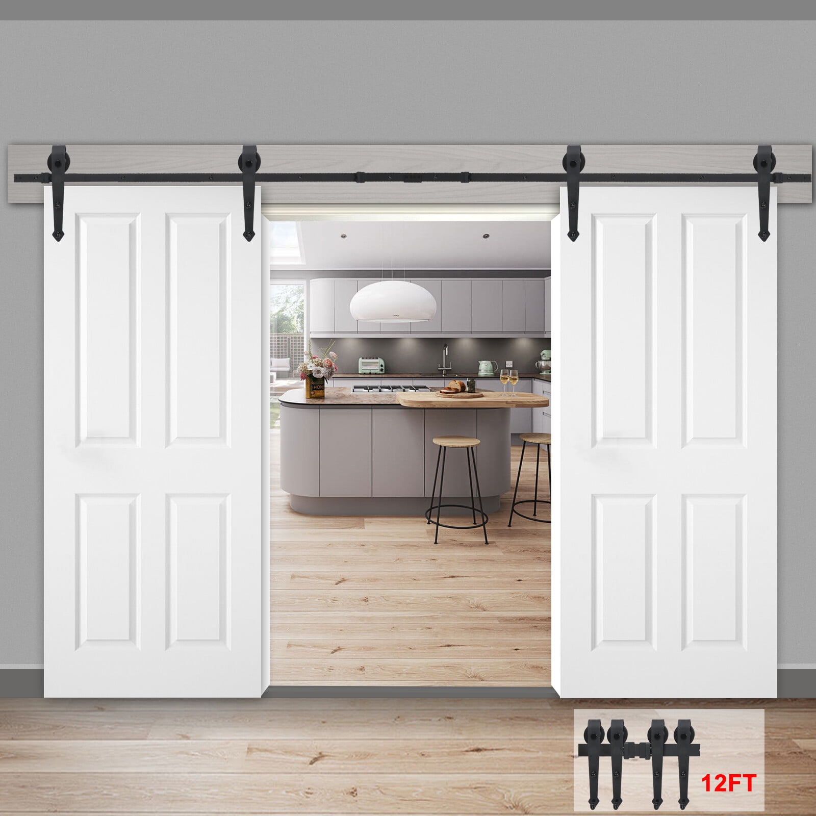 SuperDeal Modern 12FT Double Sliding Barn Doors Hardware Track Kit Frosted Black