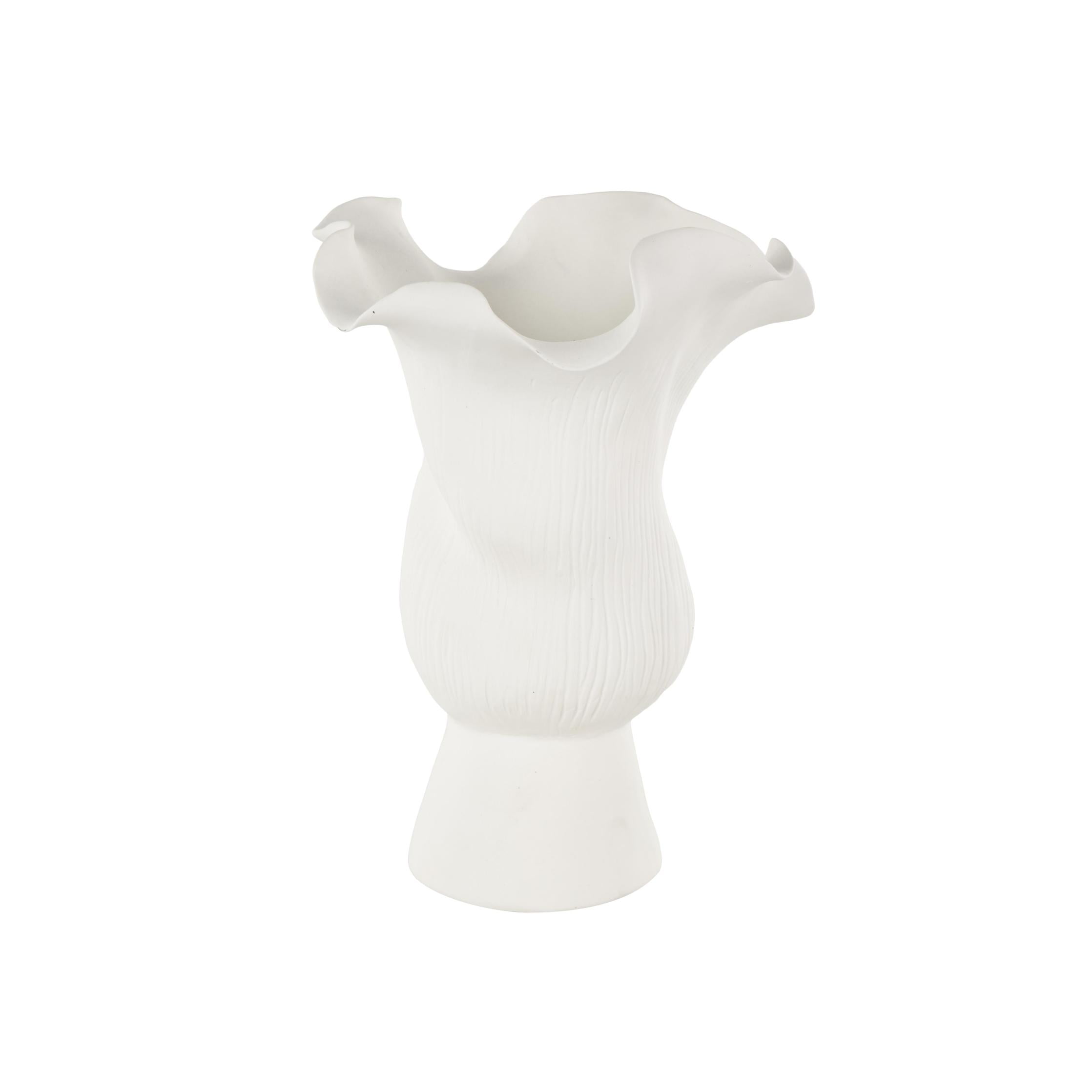 DecMode 11" Abstract Floral Inspired White Ceramic Vase with Wavy Folded Rim and Linear Grooves