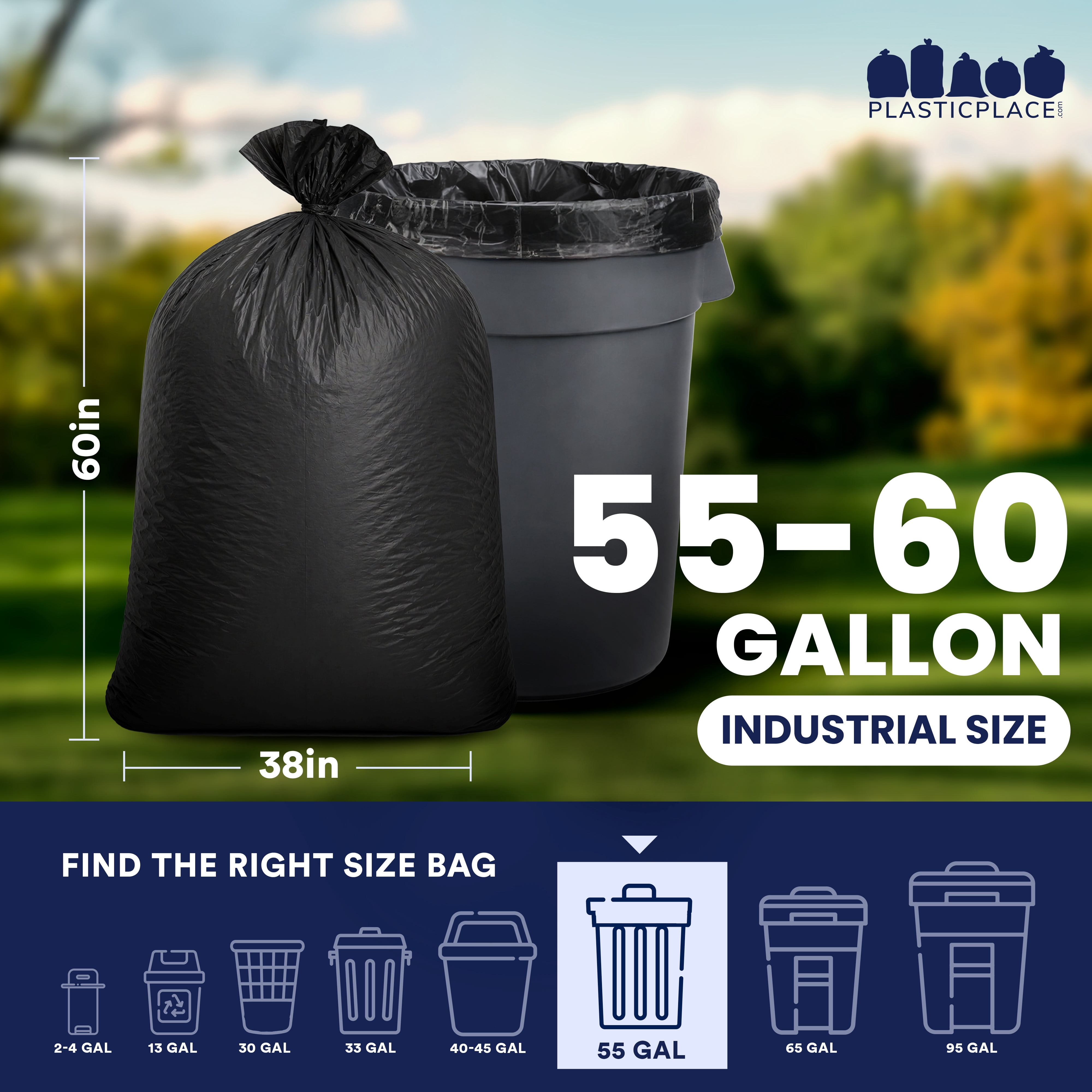 Plasticplace 55-60 Gallon Trash Bags, Heavy Duty Black Garbage Bags, 100 Count for Lawn, Yard, and Outdoor Waste Disposal, Ideal for Industrial Trash Cans, Contractors, and Home Improvement Projects