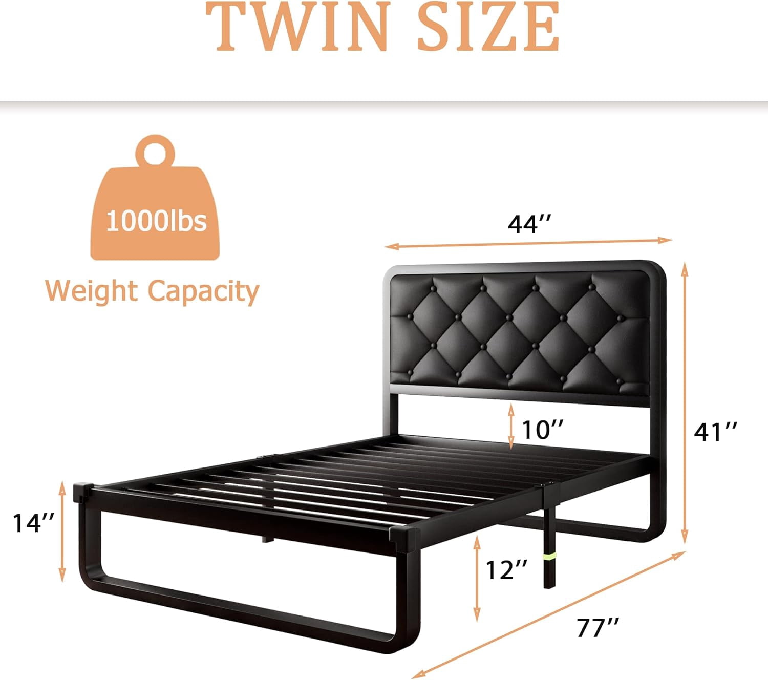 iPormis Twin Size Metal Bed Frame with Black Faux Leather Upholstered Headboard, 12'' Underbed Space,  Black