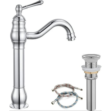 

Bathroom Vessel Sink Faucet Single Handle Lavatory Vanity Mixer Bar Tap with Pop Up Drain Tall Spout Single Hole Deck Mount