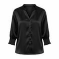 thumbnail image 4 of ClodeEU Women's Satin V Neck Ruff Cuff 3/4 Sleeve Button Down Blouse, Casual Silky Work Shirt Top Black,Women's Plus M, 4 of 9