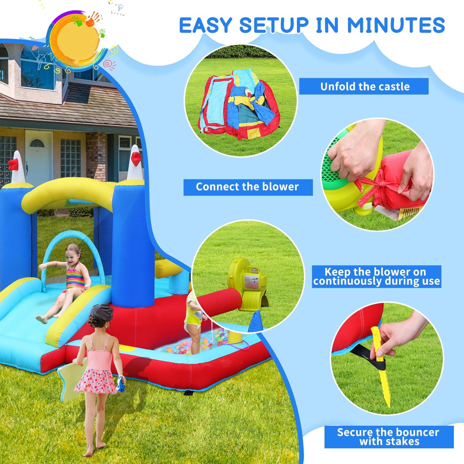 Ktaxon Inflatable Bounce House with Blower for Kids 3+, Indoor & Outdoor Bouncy Castle with Slide, Perfect for Birthday Parties, Backyard, Lawn