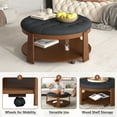 thumbnail image 4 of CQSXDA Round Ottoman Coffee Table Upholstered In Waterproof Linen With Adjustable Wheels And Two-Tier Wood Storage, Black+Brown, 4 of 17
